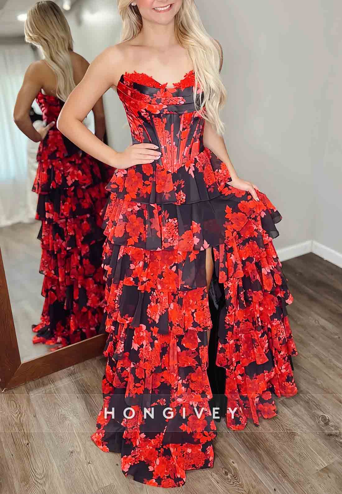 Floor-Length Floral Print A-Line Strapless Empire Prom Dresses with Ruffles