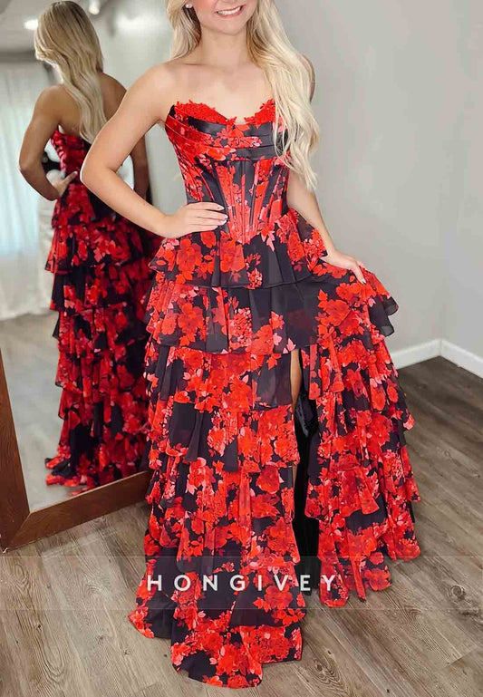 Floor-Length Floral Print A-Line Strapless Empire Prom Dresses with Ruffles