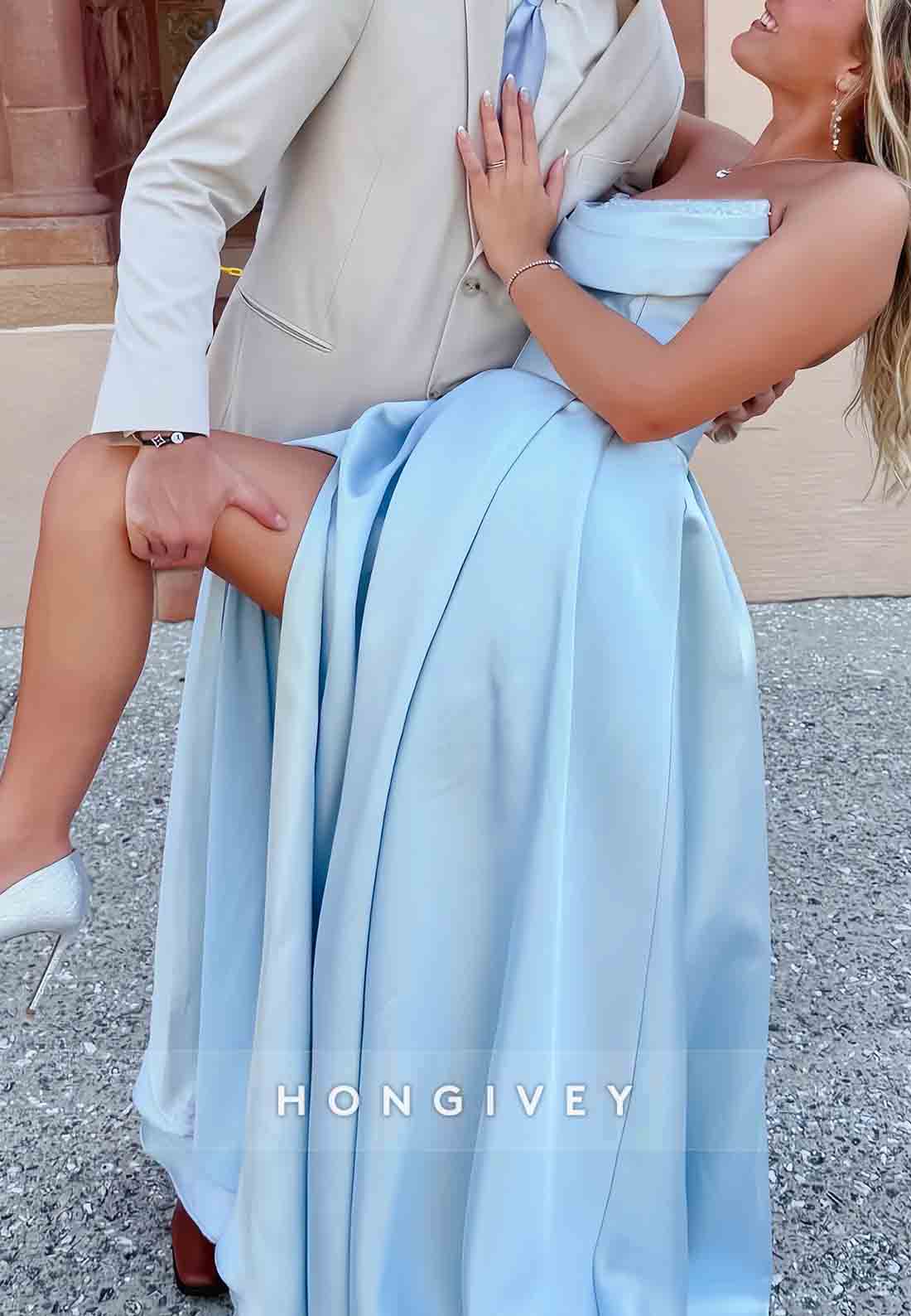 Light Blue Strapless Satin A-Line Tie Back Prom Dresses with High Slit