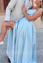 Light Blue Strapless Satin A-Line Tie Back Prom Dresses with High Slit