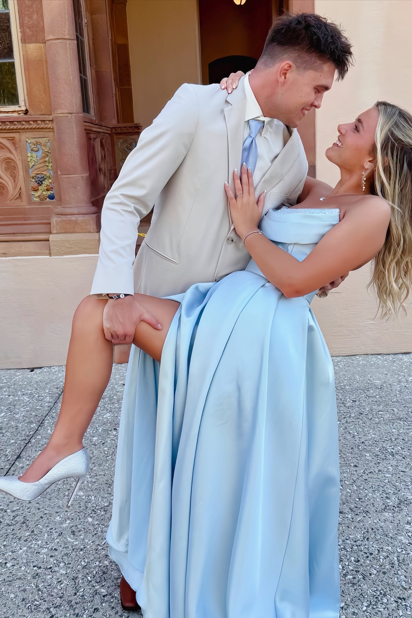 Light Blue Cowl Neck Satin Slit Dress