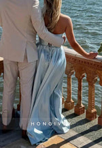 Light Blue Strapless Satin A-Line Tie Back Prom Dresses with High Slit