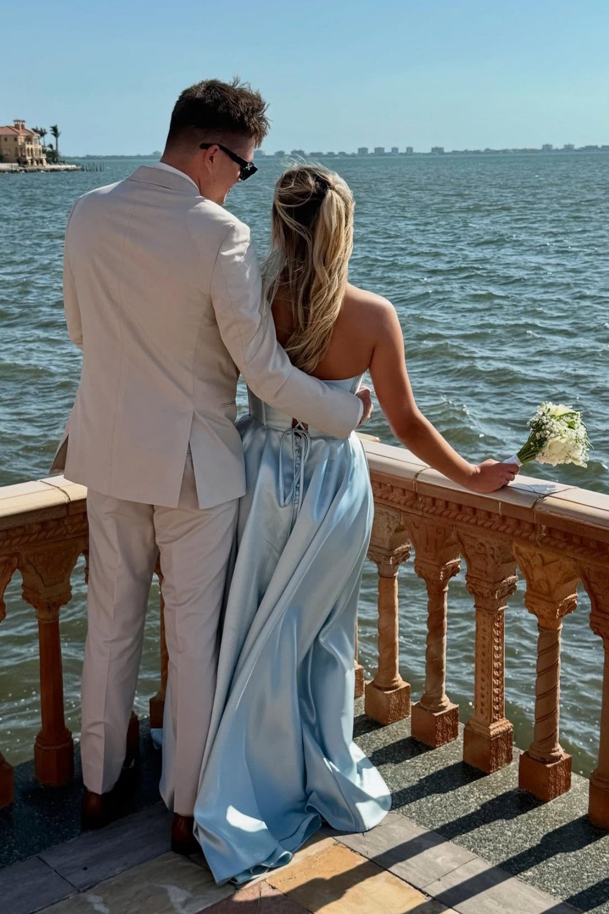 Light Blue Cowl Neck Satin Slit Dress