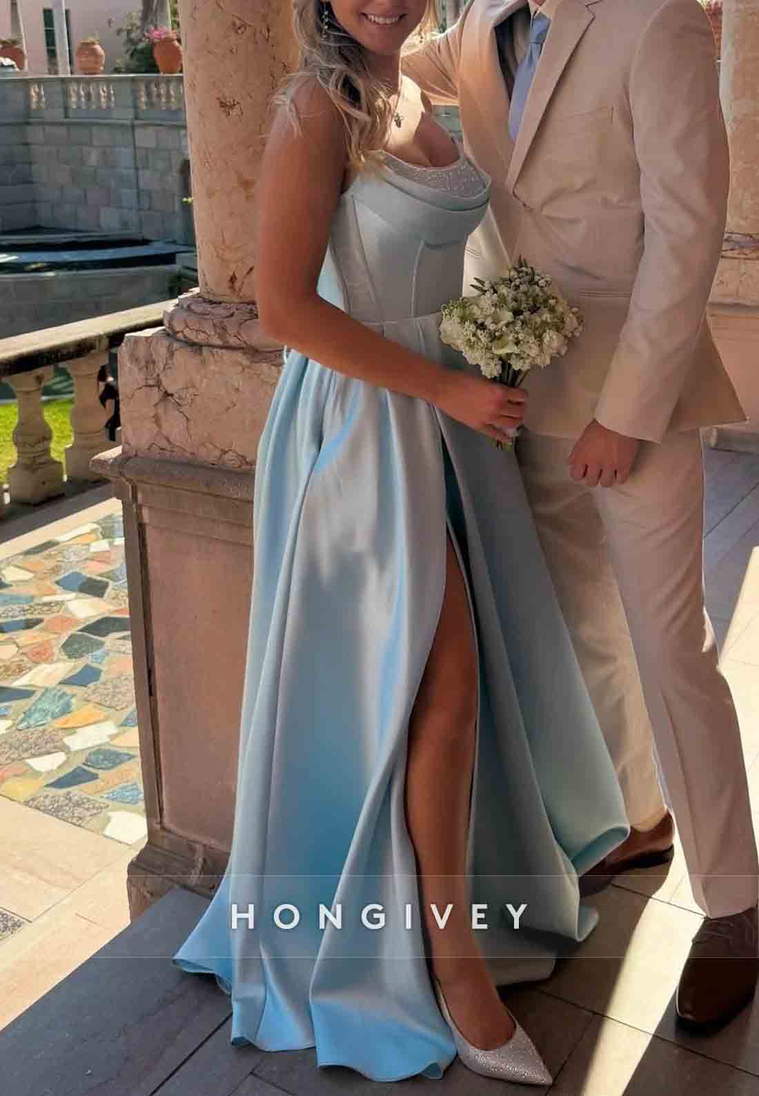 Light Blue Strapless Satin A-Line Tie Back Prom Dresses with High Slit