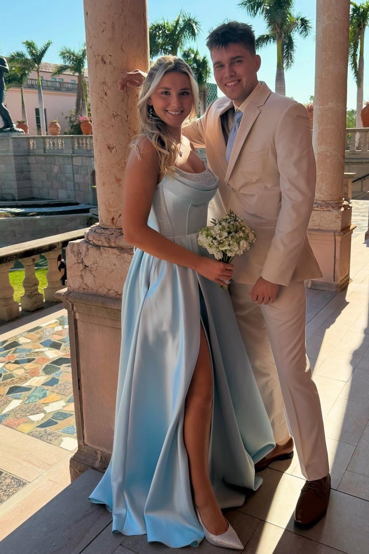 Light Blue Cowl Neck Satin Slit Dress