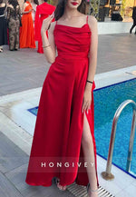 Spaghetti Straps A-Line Satin Crisscross Back Cowl Neck Prom Dresses with High Slit