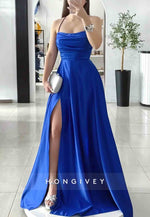 Spaghetti Straps A-Line Satin Crisscross Back Cowl Neck Prom Dresses with High Slit