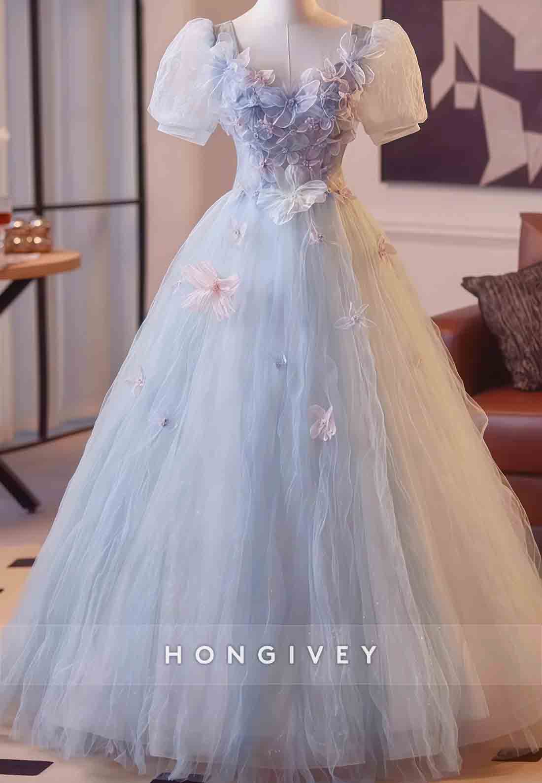 Lilac Princess Tulle Short Sleeves Crisscross Back Prom Dresses with 3D Flowers