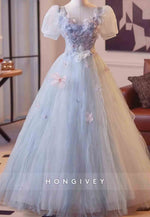 Lilac Princess Tulle Short Sleeves Crisscross Back Prom Dresses with 3D Flowers