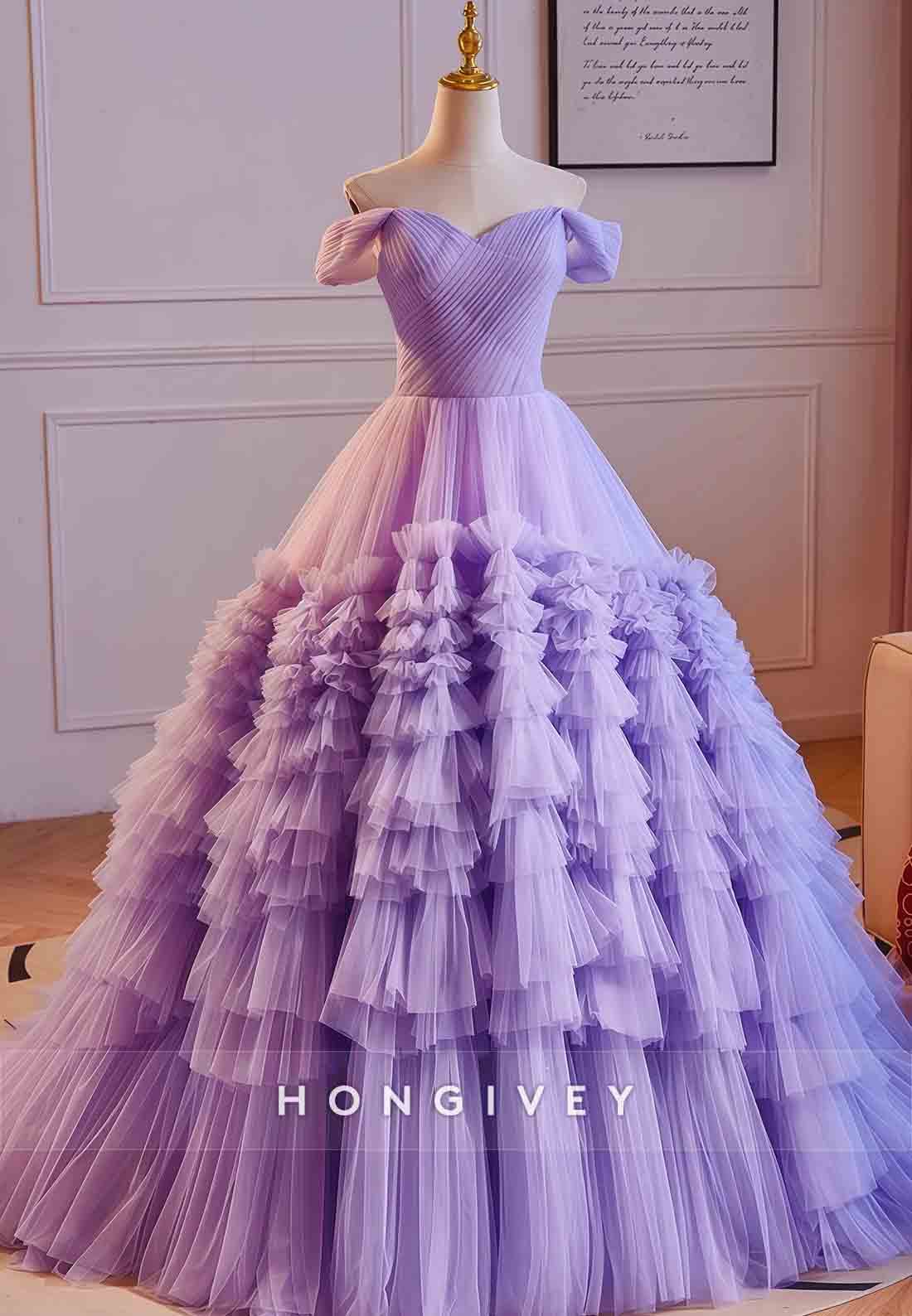 Violet Off the Shoulder Empire Princess Prom Dresses with Ruffles