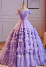 Violet Off the Shoulder Empire Princess Prom Dresses with Ruffles
