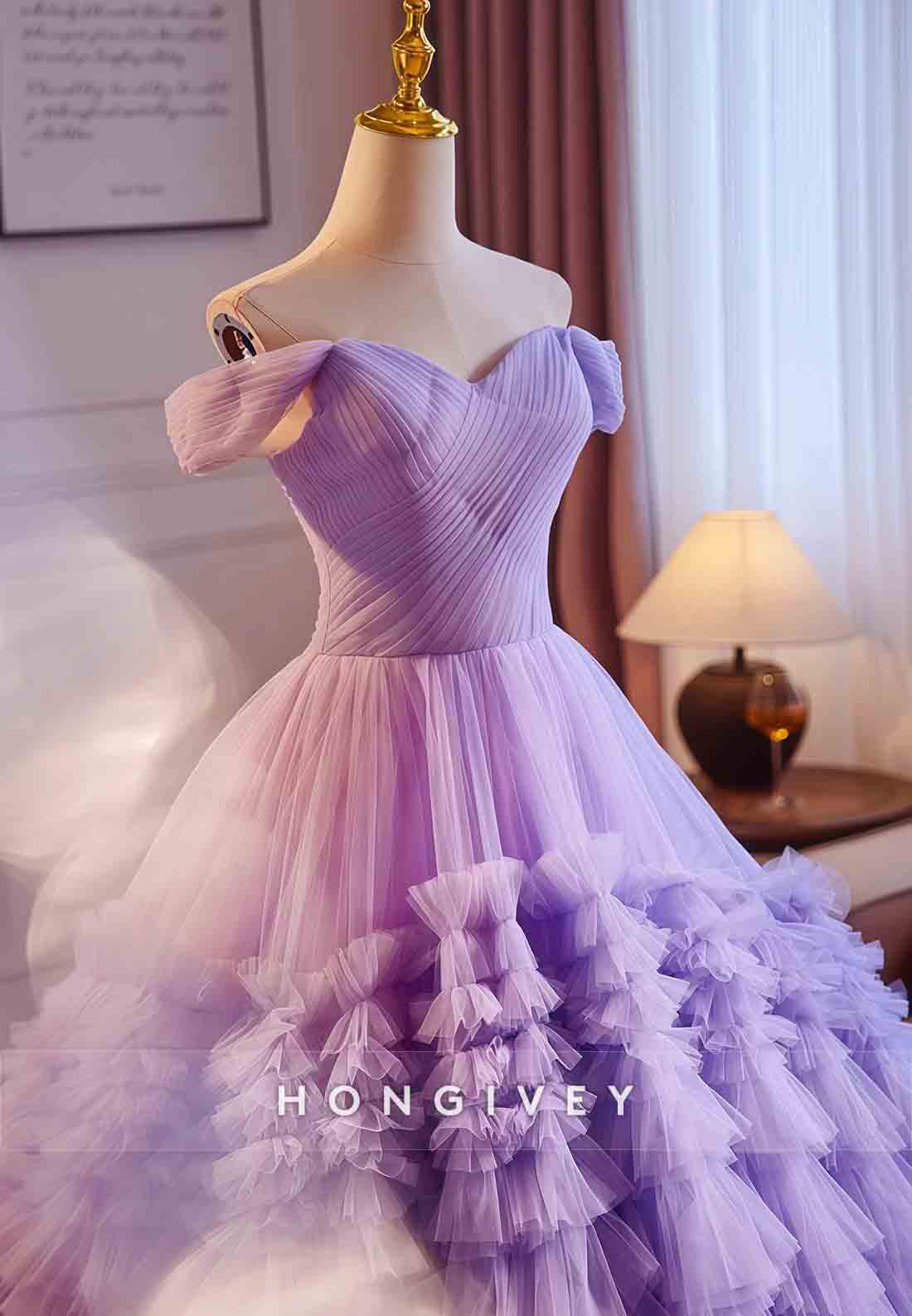 Violet Off the Shoulder Empire Princess Prom Dresses with Ruffles