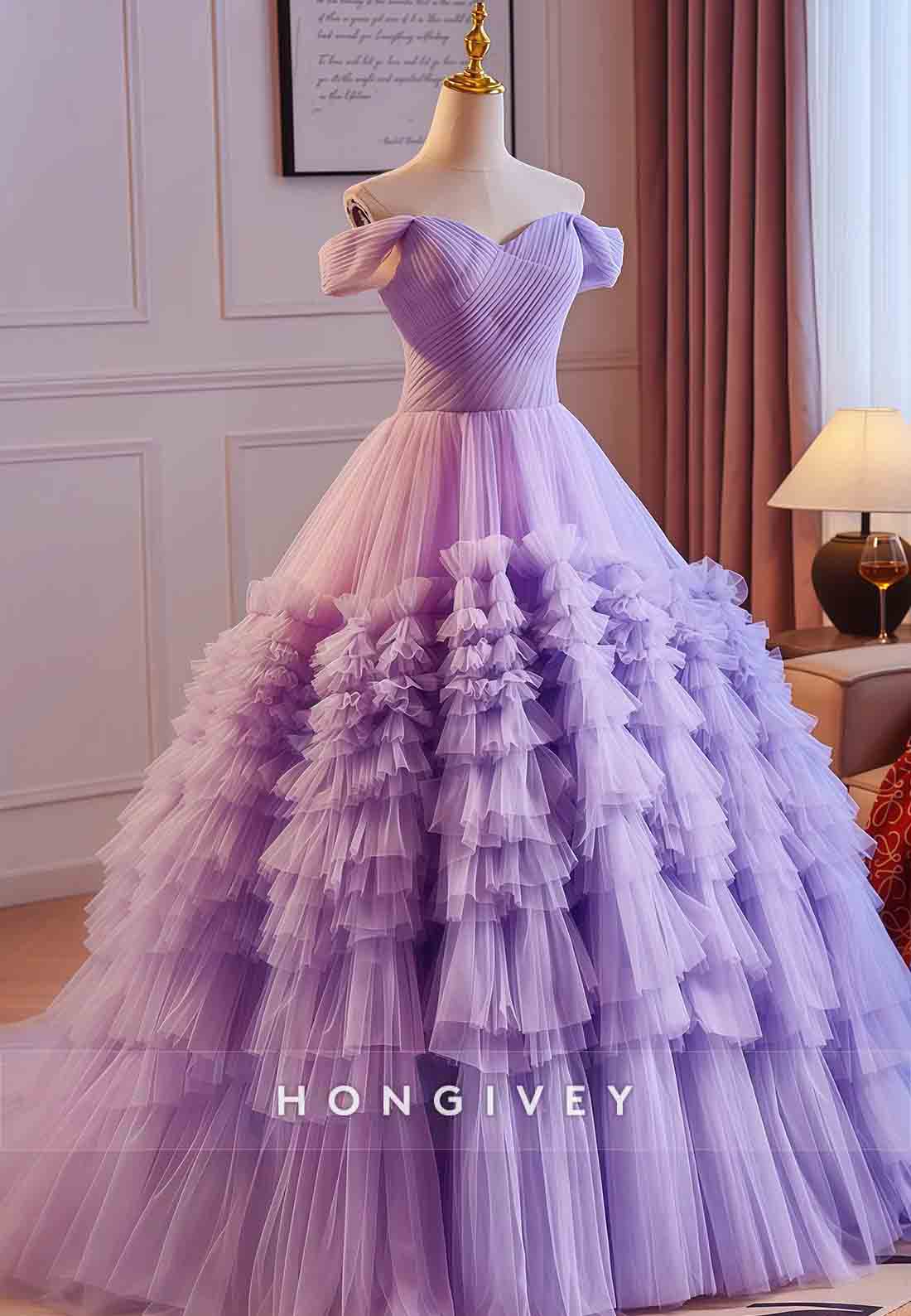 Violet Off the Shoulder Empire Princess Prom Dresses with Ruffles