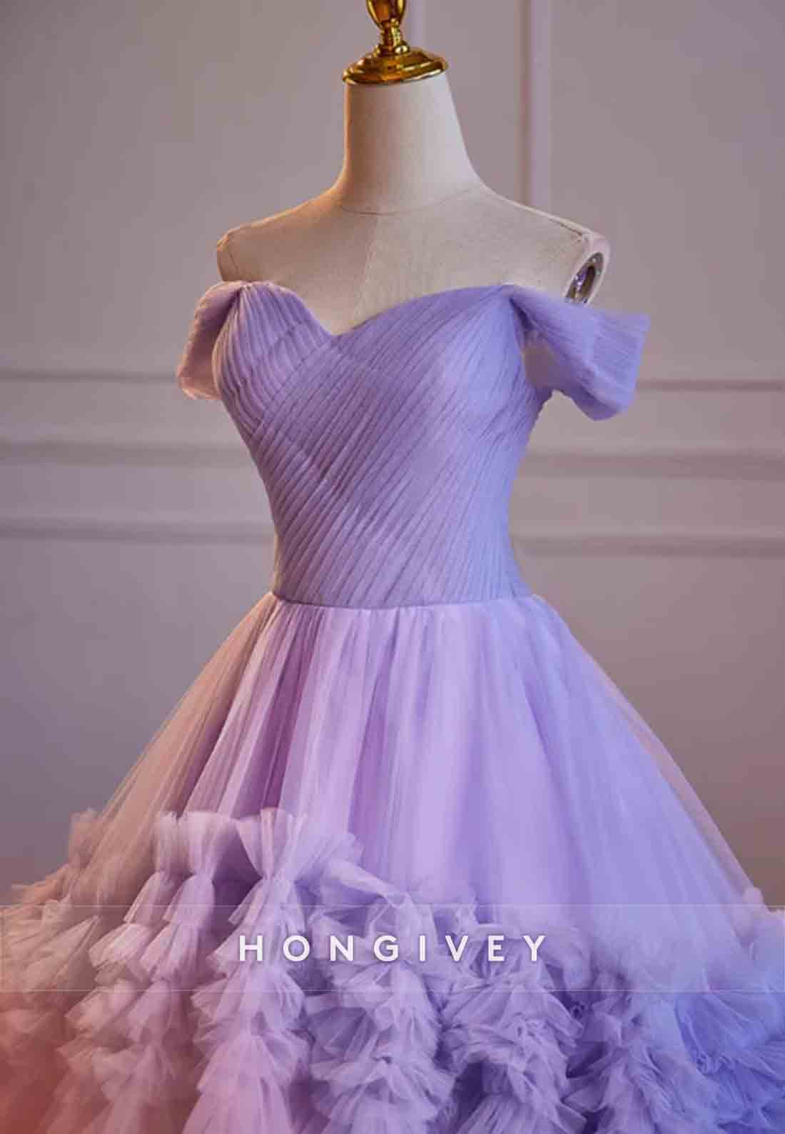 Violet Off the Shoulder Empire Princess Prom Dresses with Ruffles
