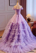 Violet Off the Shoulder Empire Princess Prom Dresses with Ruffles