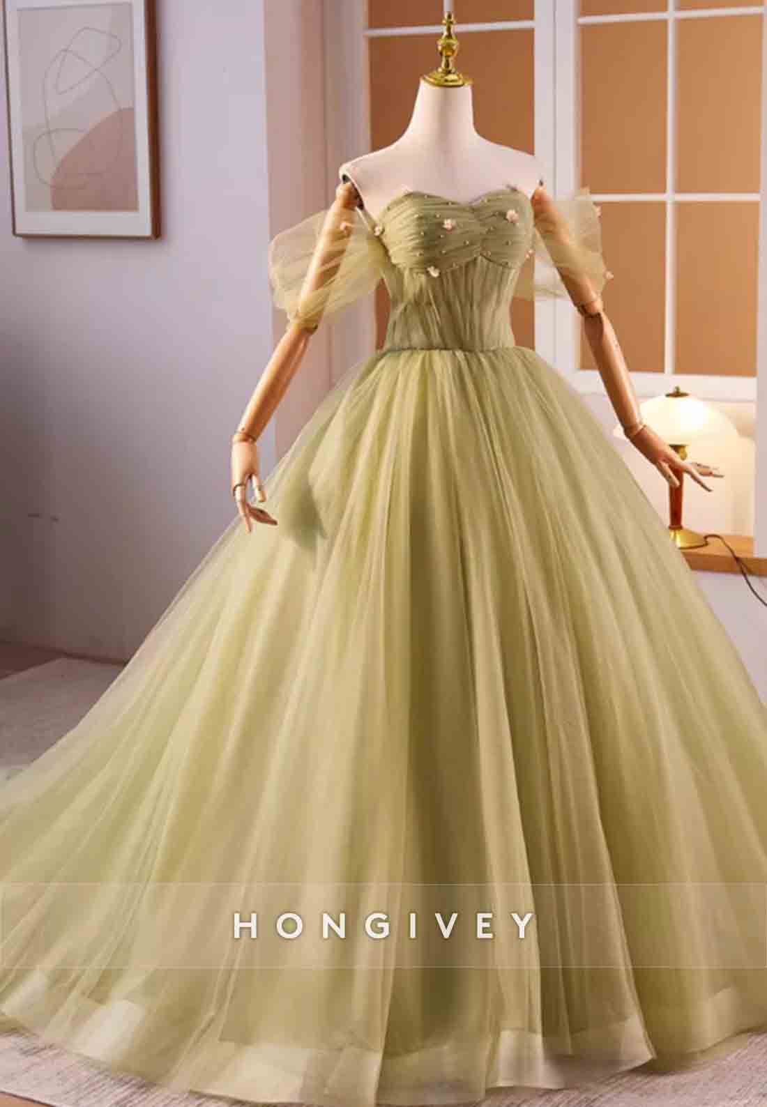 Off the Shoulder Sweetheart Princess Tulle Crisscross Back Prom Dresses