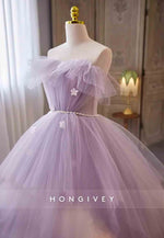 Lilac Strapless Organza Ruched Floral Ball Gowns Prom Dress with Pearls