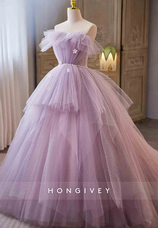 Lilac Strapless Organza Ruched Floral Ball Gowns Prom Dress with Pearls