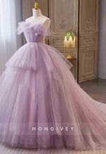 Lilac Strapless Organza Ruched Floral Ball Gowns Prom Dress with Pearls
