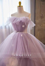 Lilac Strapless Organza Ruched Floral Ball Gowns Prom Dress with Pearls