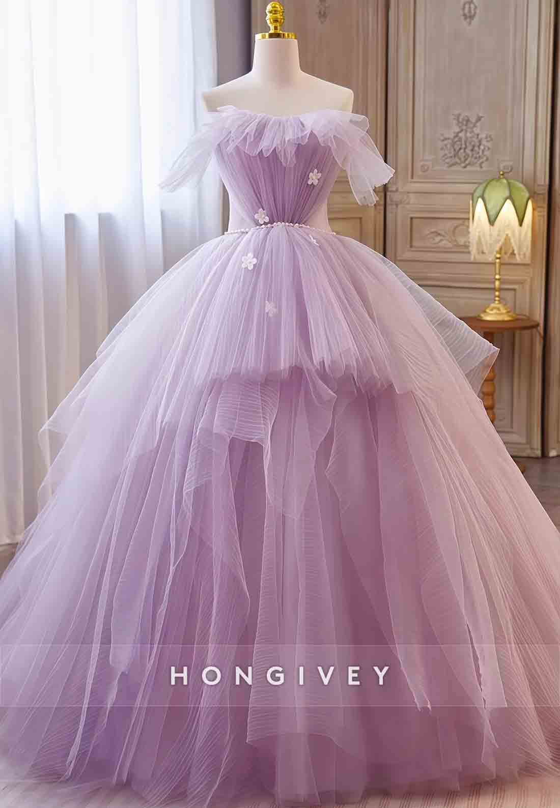 Lilac Strapless Organza Ruched Floral Ball Gowns Prom Dress with Pearls