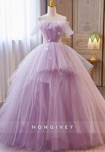 Lilac Strapless Organza Ruched Floral Ball Gowns Prom Dress with Pearls