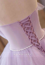 Lilac Strapless Organza Ruched Floral Ball Gowns Prom Dress with Pearls