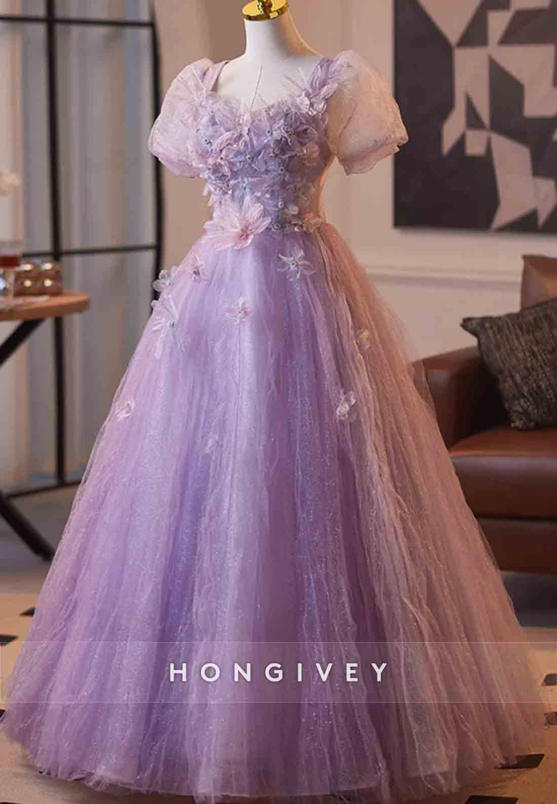 Lilac Princess Tulle Short Sleeves Crisscross Back Prom Dresses with 3D Flowers