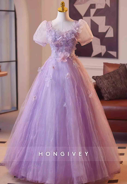 Lilac Princess Tulle Short Sleeves Crisscross Back Prom Dresses with 3D Flowers
