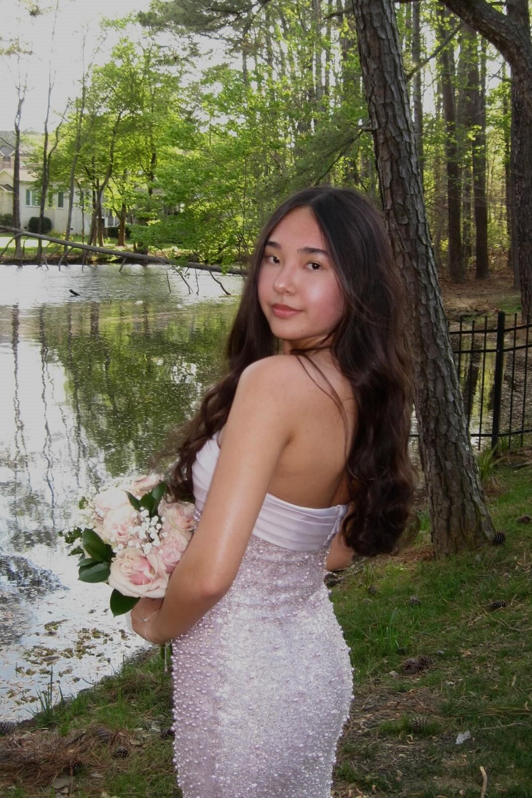 Golden Sequin and Pearls Strapless Bodycon Prom Dress