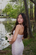 Golden Sequin and Pearls Strapless Bodycon Prom Dress