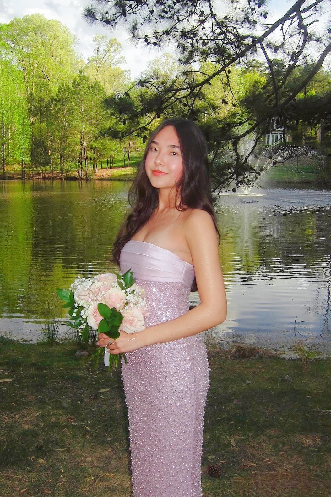 Golden Sequin and Pearls Strapless Bodycon Prom Dress