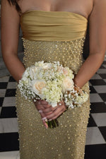 Golden Sequin and Pearls Strapless Bodycon Prom Dress