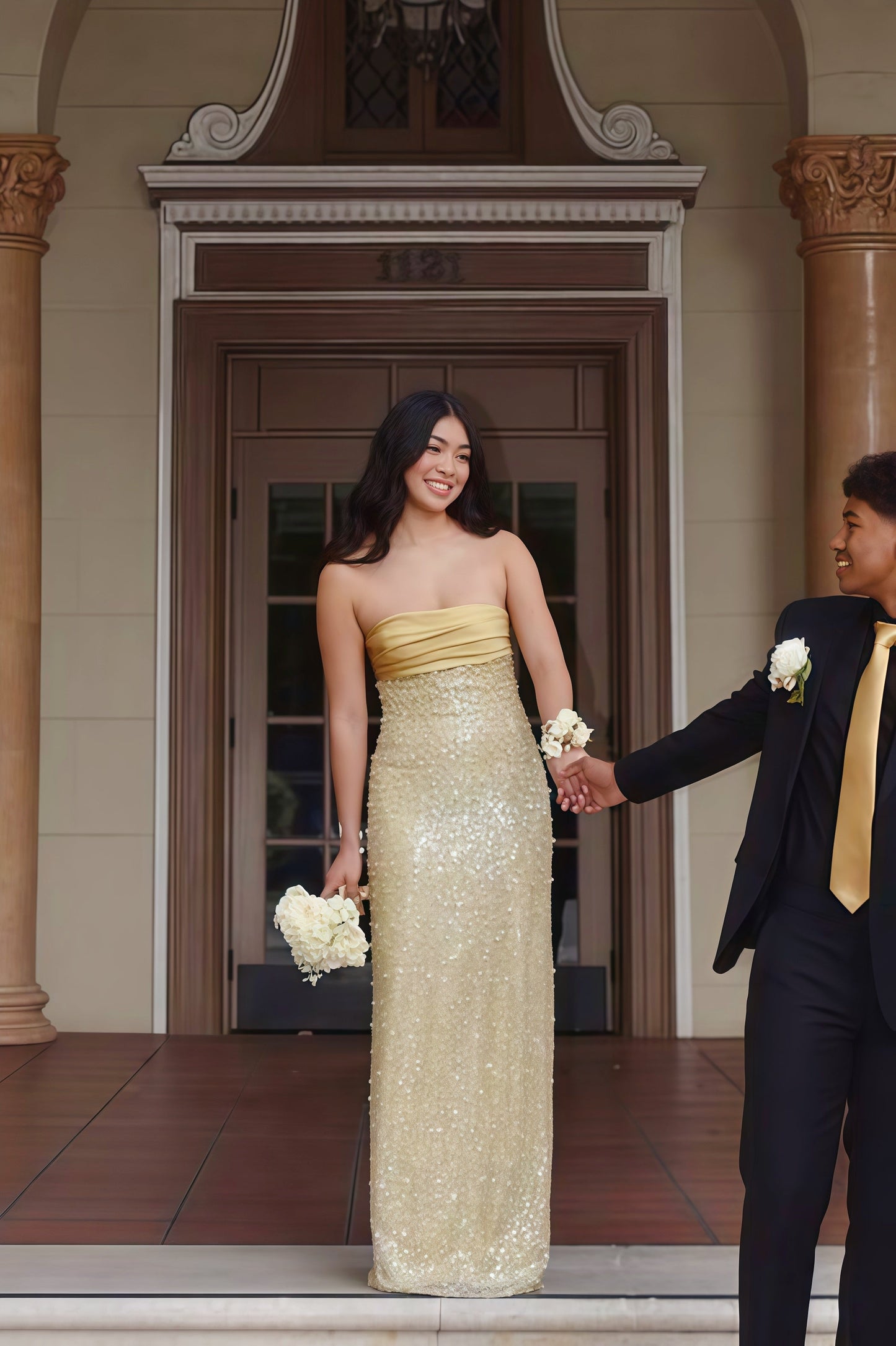 Golden Sequin and Pearls Strapless Bodycon Prom Dress