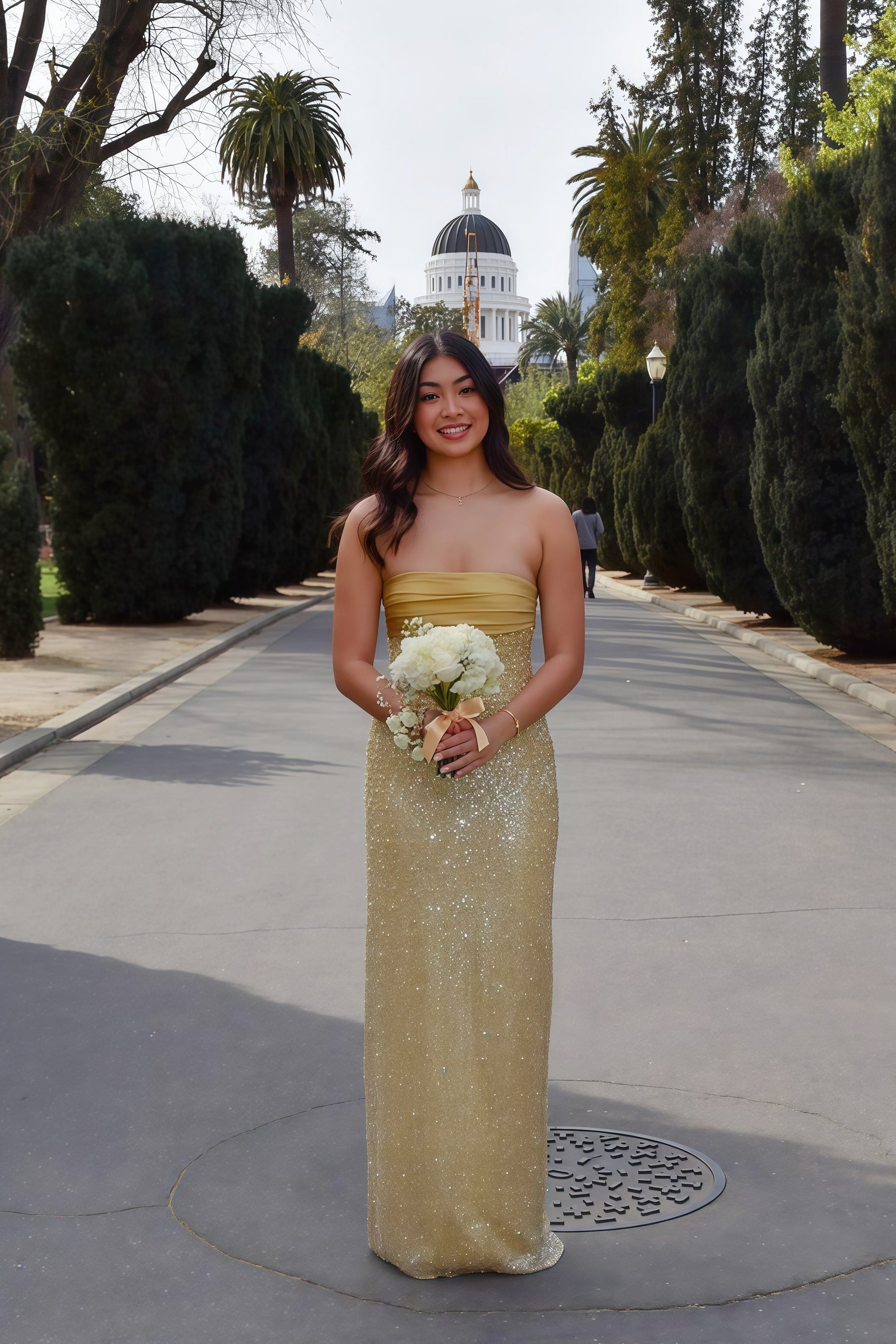 Golden Sequin and Pearls Strapless Bodycon Prom Dress
