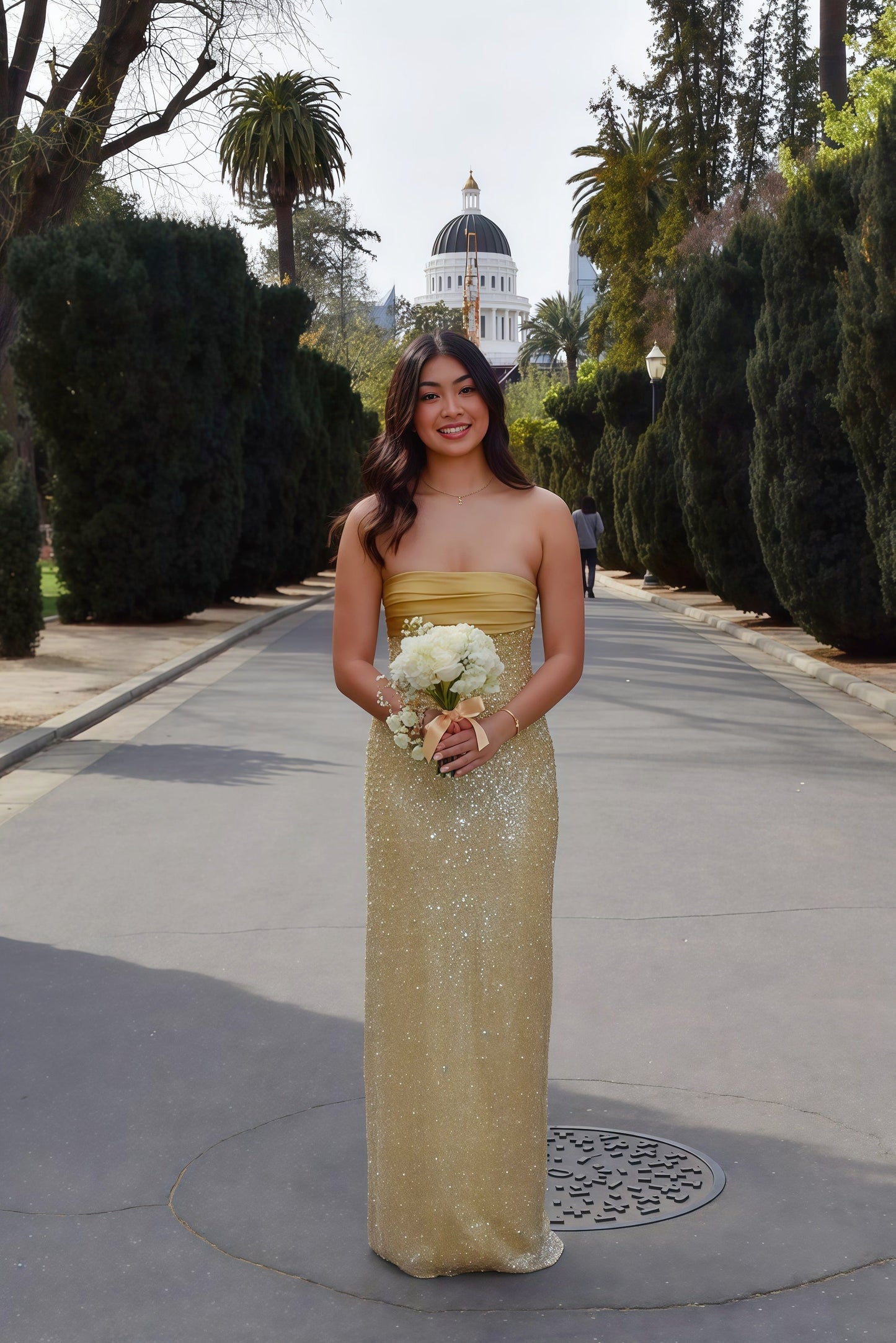 Golden Sequin and Pearls Strapless Bodycon Prom Dress