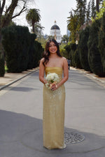 Golden Sequin and Pearls Strapless Bodycon Prom Dress