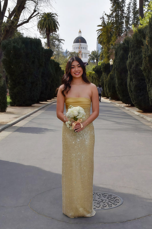 Golden Sequin and Pearls Strapless Bodycon Prom Dress