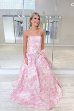 Lavender Strapless Bow Embroidered Floral Prom Dress