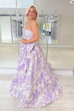 Lavender Strapless Bow Embroidered Floral Prom Dress