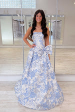 Lavender Strapless Bow Embroidered Floral Prom Dress