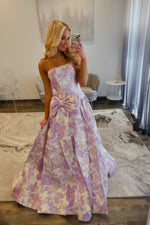 Lavender Strapless Bow Embroidered Floral Prom Dress