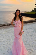 Sweetheart Pink Beaded Flower Mermaid Prom Dress