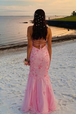 Sweetheart Pink Beaded Flower Mermaid Prom Dress