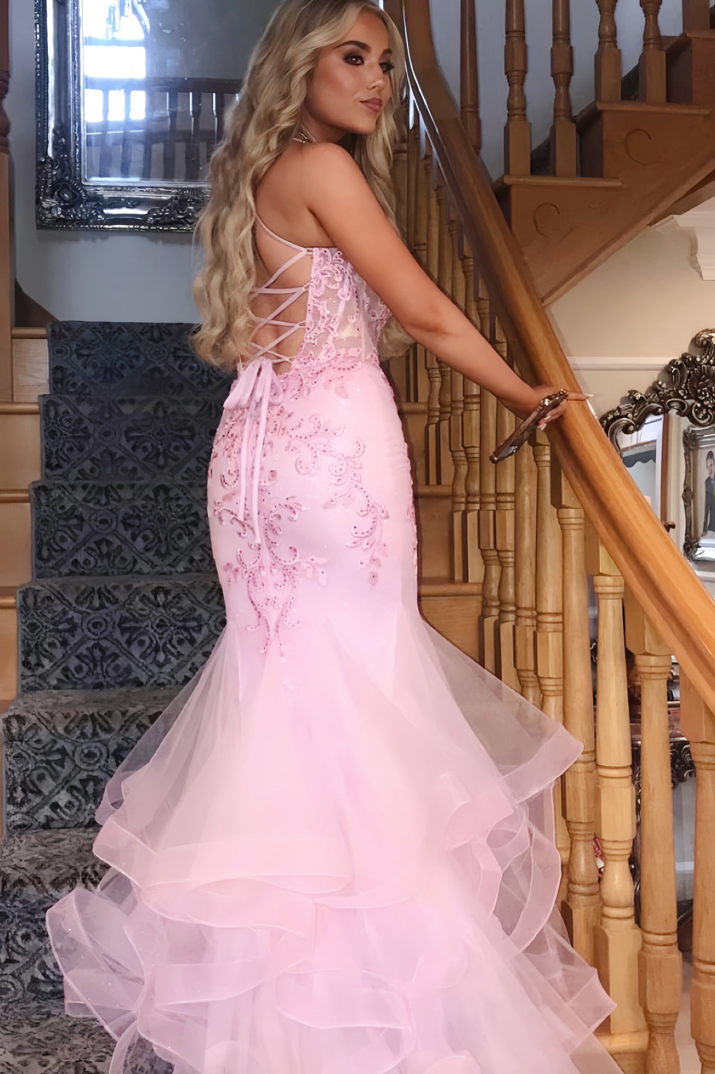 Straps Pink Appliques Mermaid Long Formal Dress