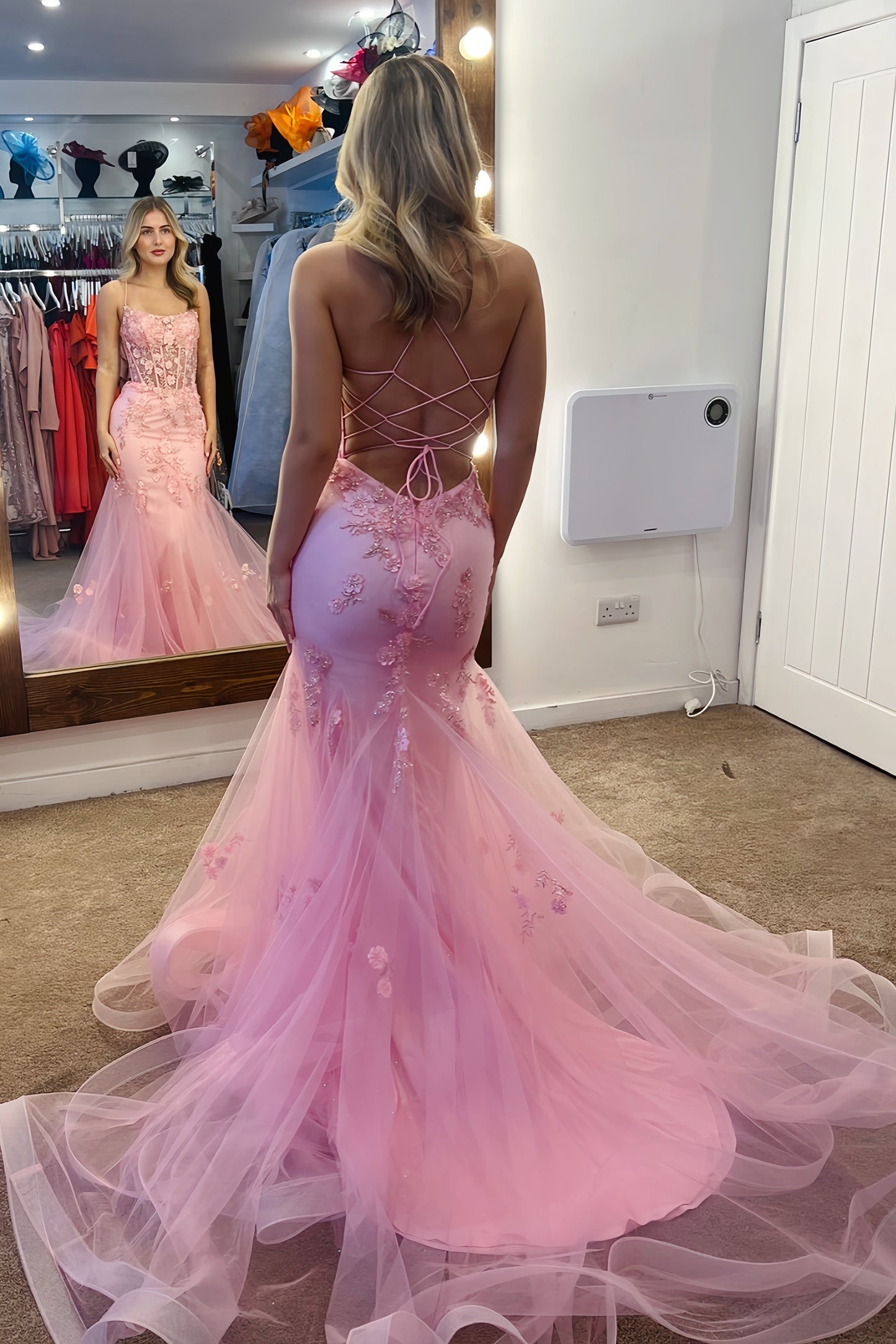 Straps Pink Appliques Mermaid Long Formal Dress