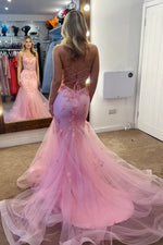 Straps Pink Appliques Mermaid Long Formal Dress