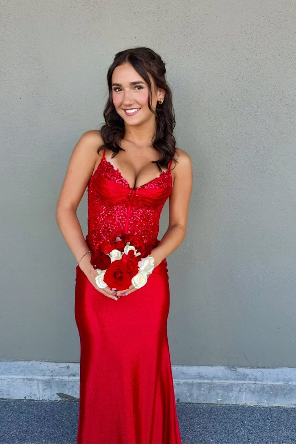 Red Satin Sequin Mermaid Long Formal Prom Dress