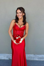 Red Satin Sequin Mermaid Long Formal Prom Dress