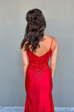 Red Satin Sequin Mermaid Long Formal Prom Dress